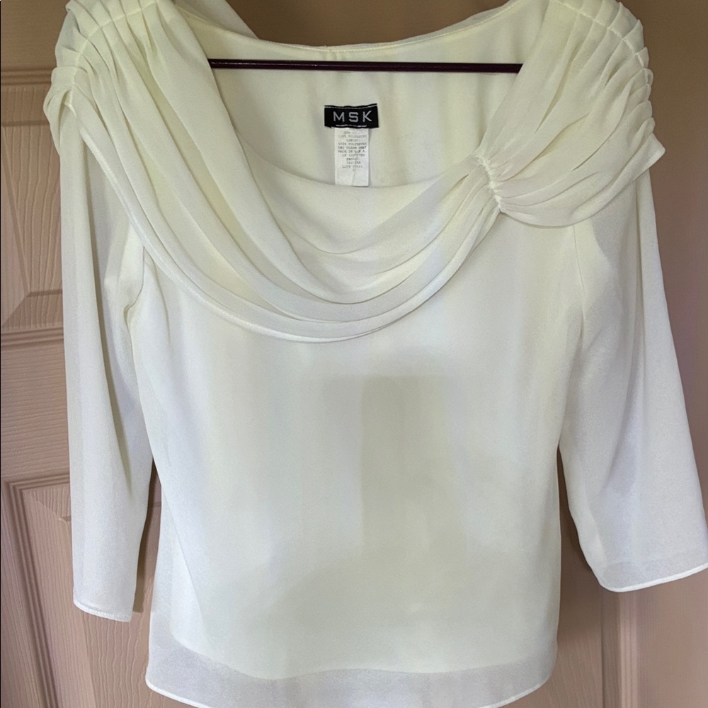 MSK Cream Draped Cowl Neck Blouse with Pleated Shoulder